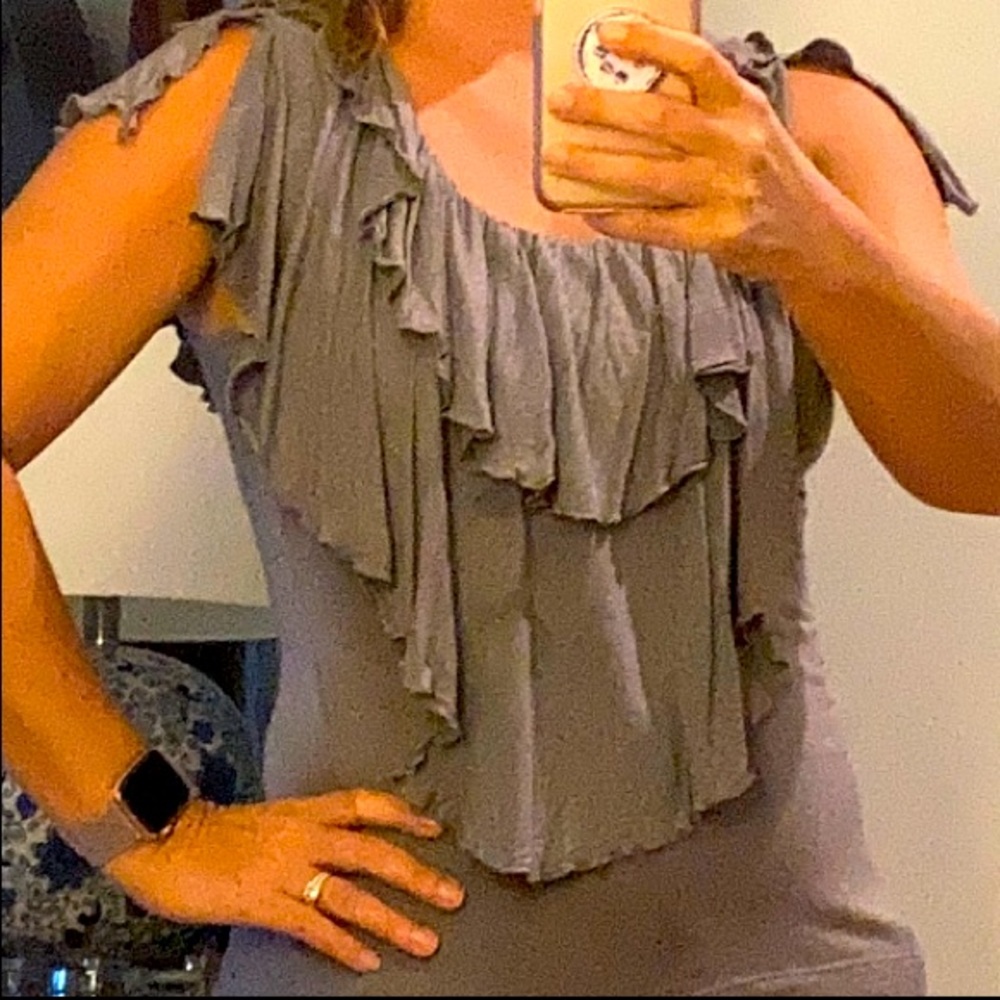 Anthropologie Gray cotton ruffle top